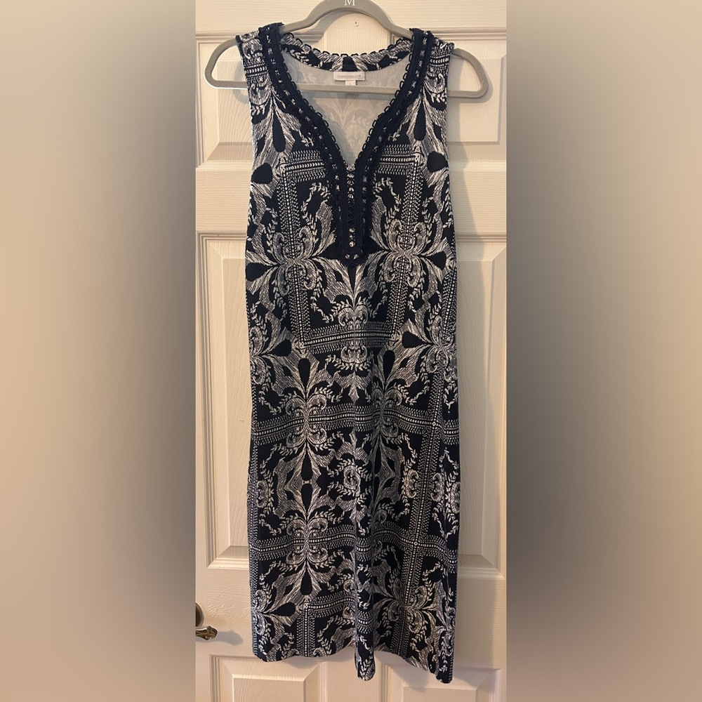 Charter Club - comfortable and stylish dress with navy brocade  trim.
